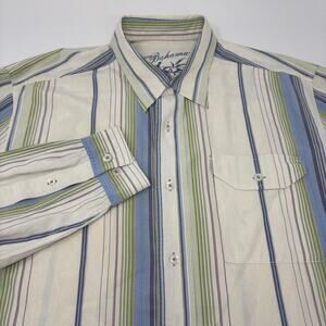 Tommy Bahama Large Blue Green Striped Silk Blend Long Sleeve Shirt‎